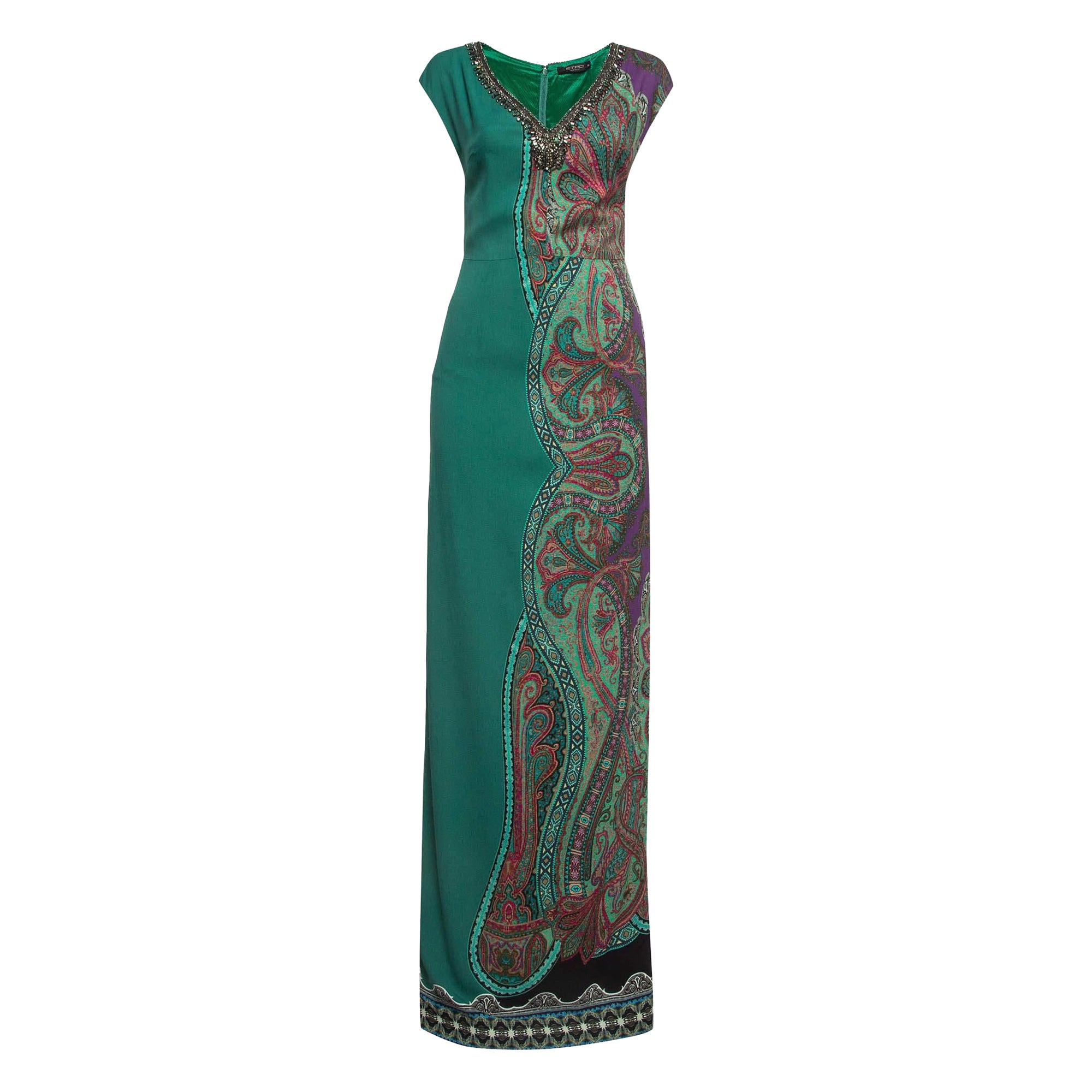 Etro - Maxi abito con scollo dettagliato in crepe stampato verde S