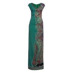 Etro Verde Crepé Estampado Detallado Cuello Maxi Vestido S