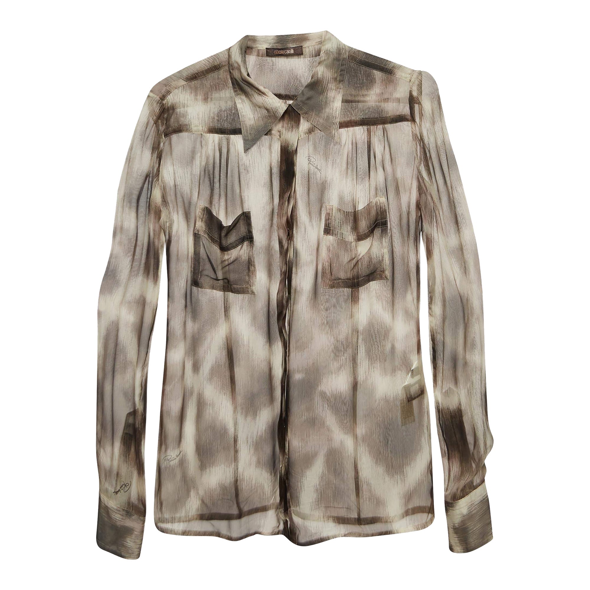 Roberto Cavalli Brown Animal Print Silk Sheer Shirt S For Sale