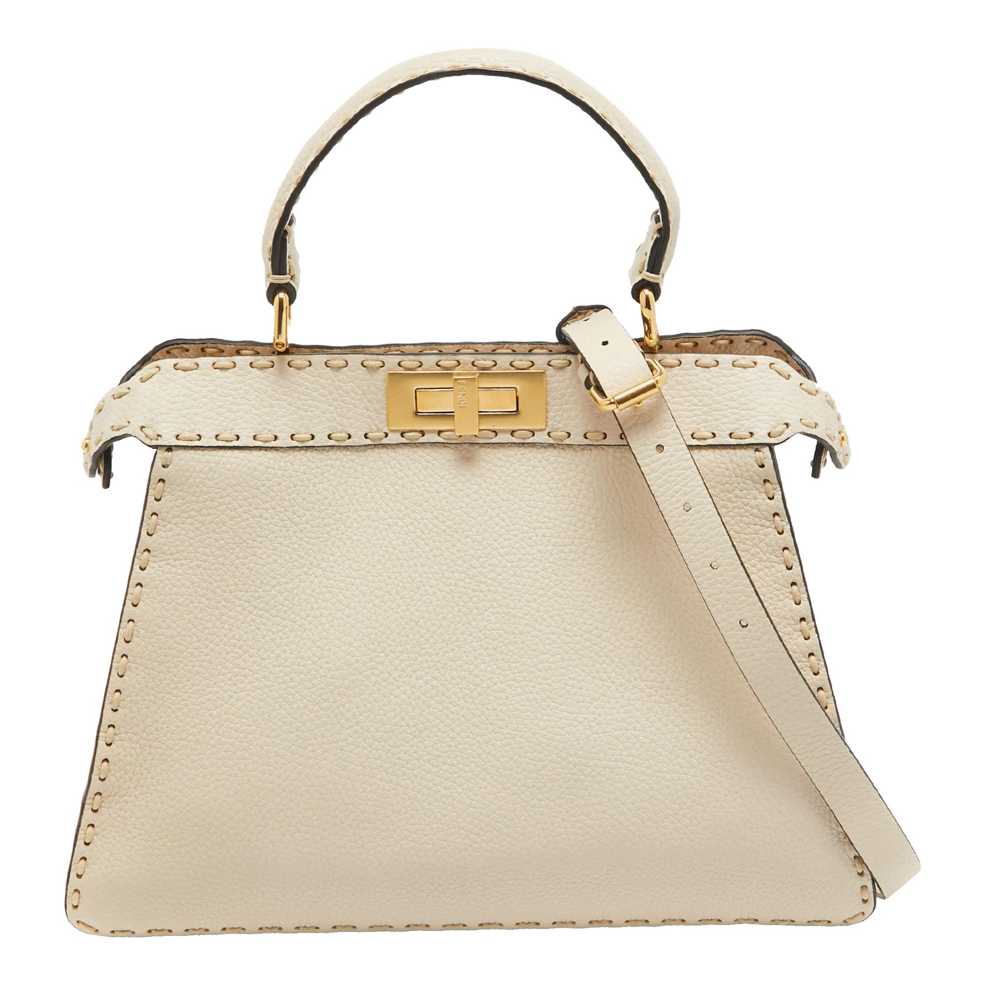 Fendi Cream Selleria Leather Medium Peekaboo ISeeU Top Handle Bag For Sale