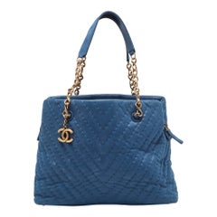 Chanel Blue Iridescent Chevron Leather CC Charm Chain Bag
