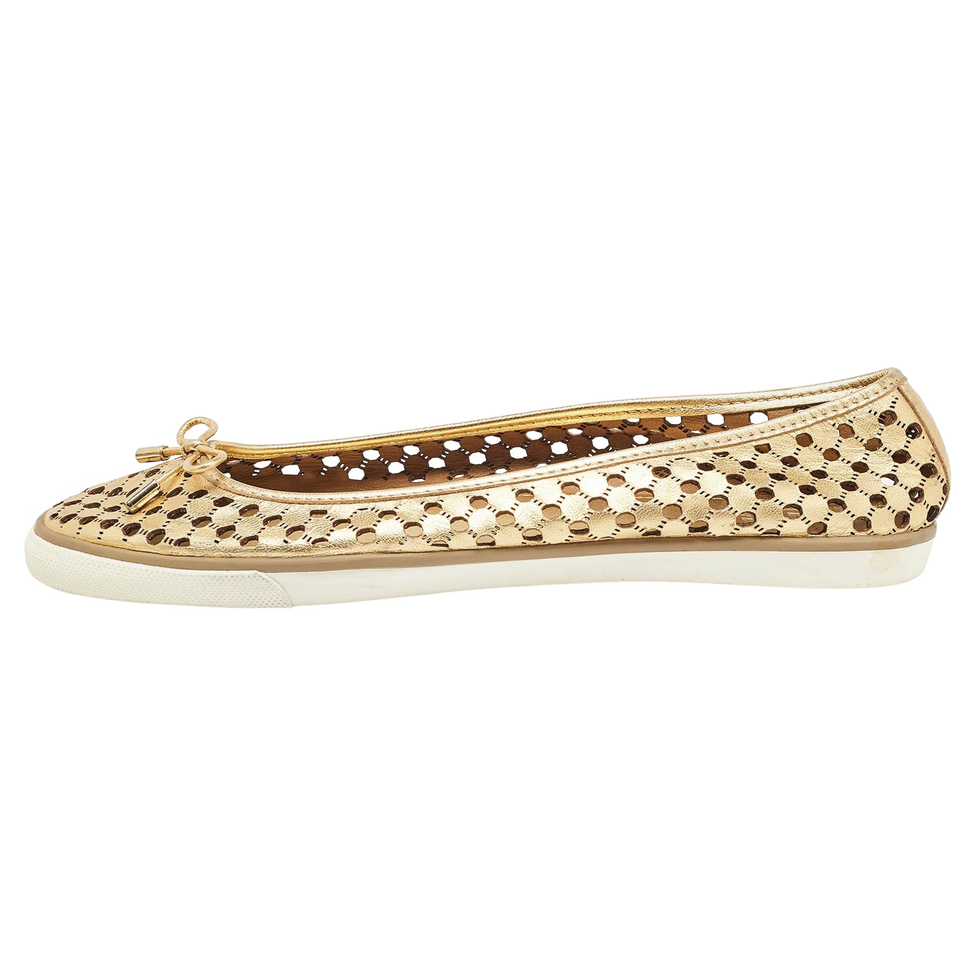 Tory Burch Gold Leather Cut Out Bow Ballet Flats Size 40.5 For Sale