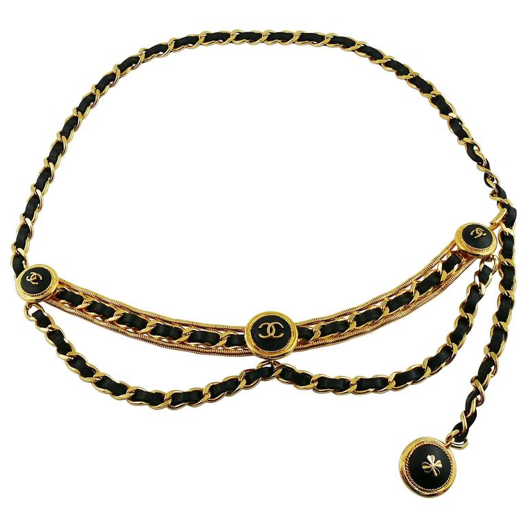 Very Rare Chanel Rhinestone belt/necklace with Black and Gold Chain For ...
