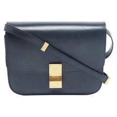 Celine Navy Blue Leather Medium Classic Box Shoulder Bag