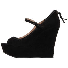 Miu Schwarz Wildleder Peep Toe Knöchelriemen Keilschuhe Größe 38
