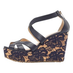 Jimmy Choo Navy Blue Leather Parrow Cork Lace Wedge Sandals Size 38