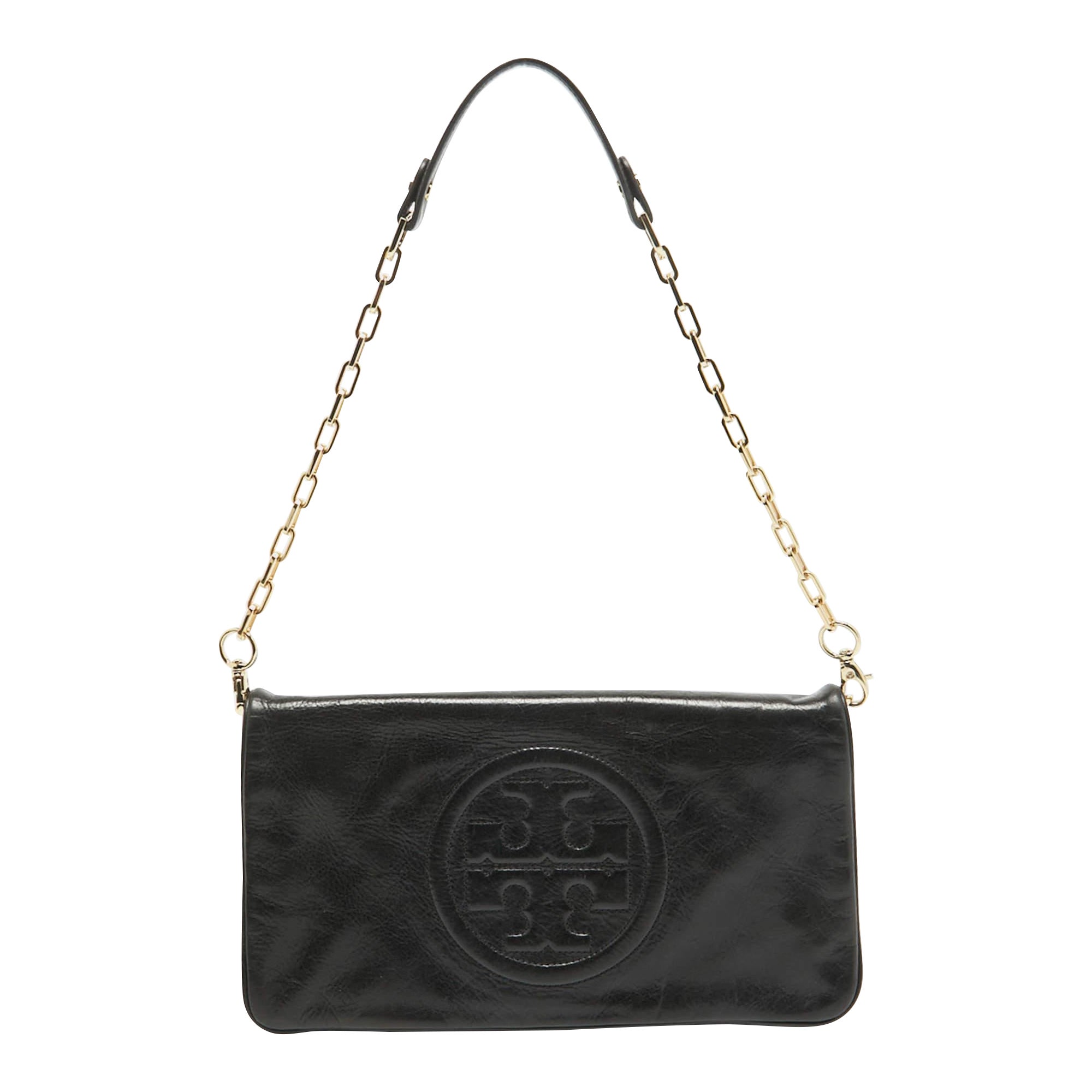 Tory Burch Black Leather Reva Chain Clutch For Sale