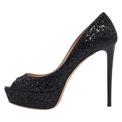 Jimmy Choo Black Glitter Jeanette Peep Toe Pumps Size 38.5