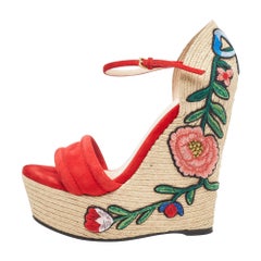 Gucci Suede Embroidered Espadrille Wedge Platform Ankle Strap Sandals Size 37.5