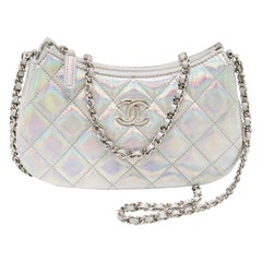 Chanel Silver Iridescent Quilted Patent Leather CC Chain Clutch