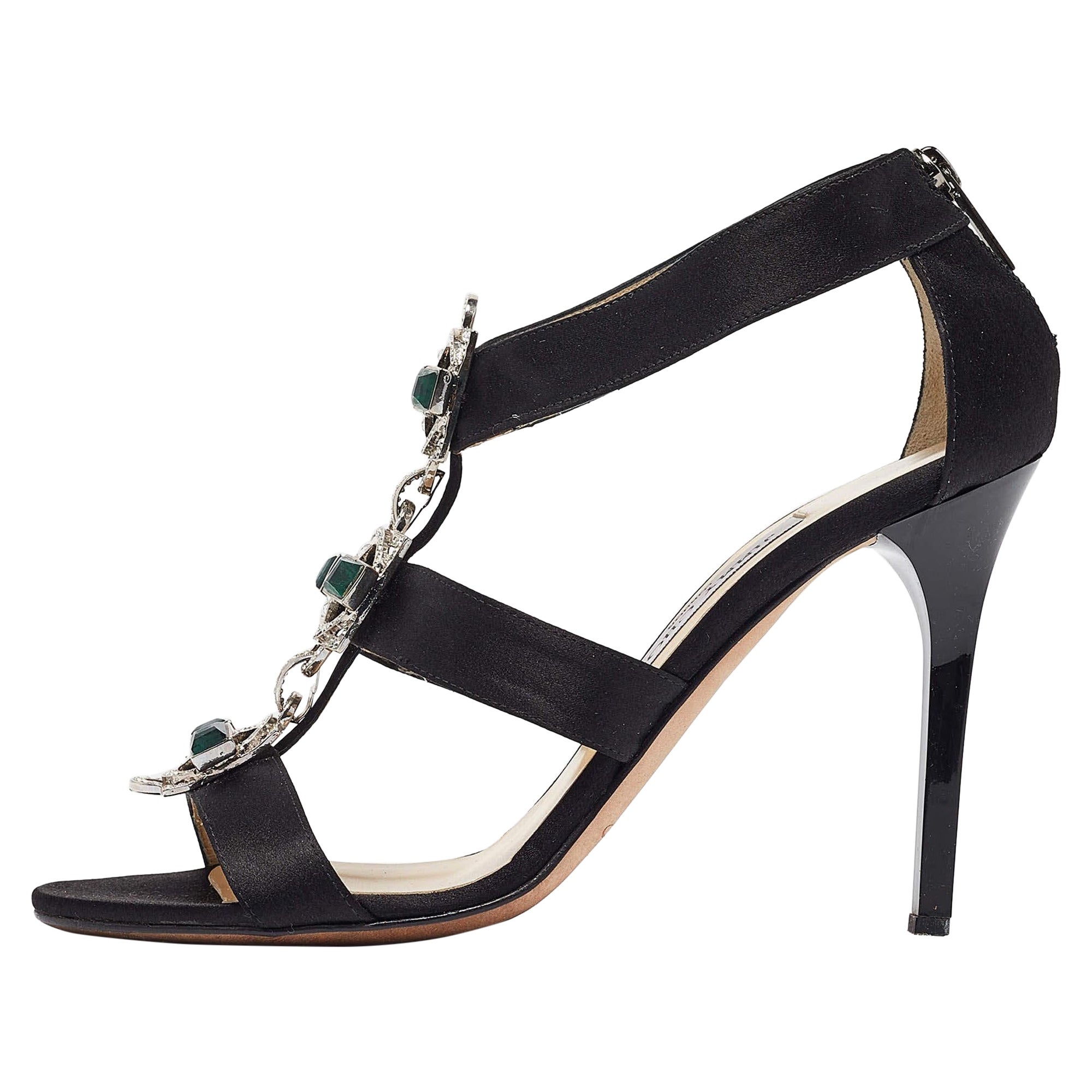 Jimmy Choo Black Satin Jeweled Strappy Sandals Size 39 For Sale
