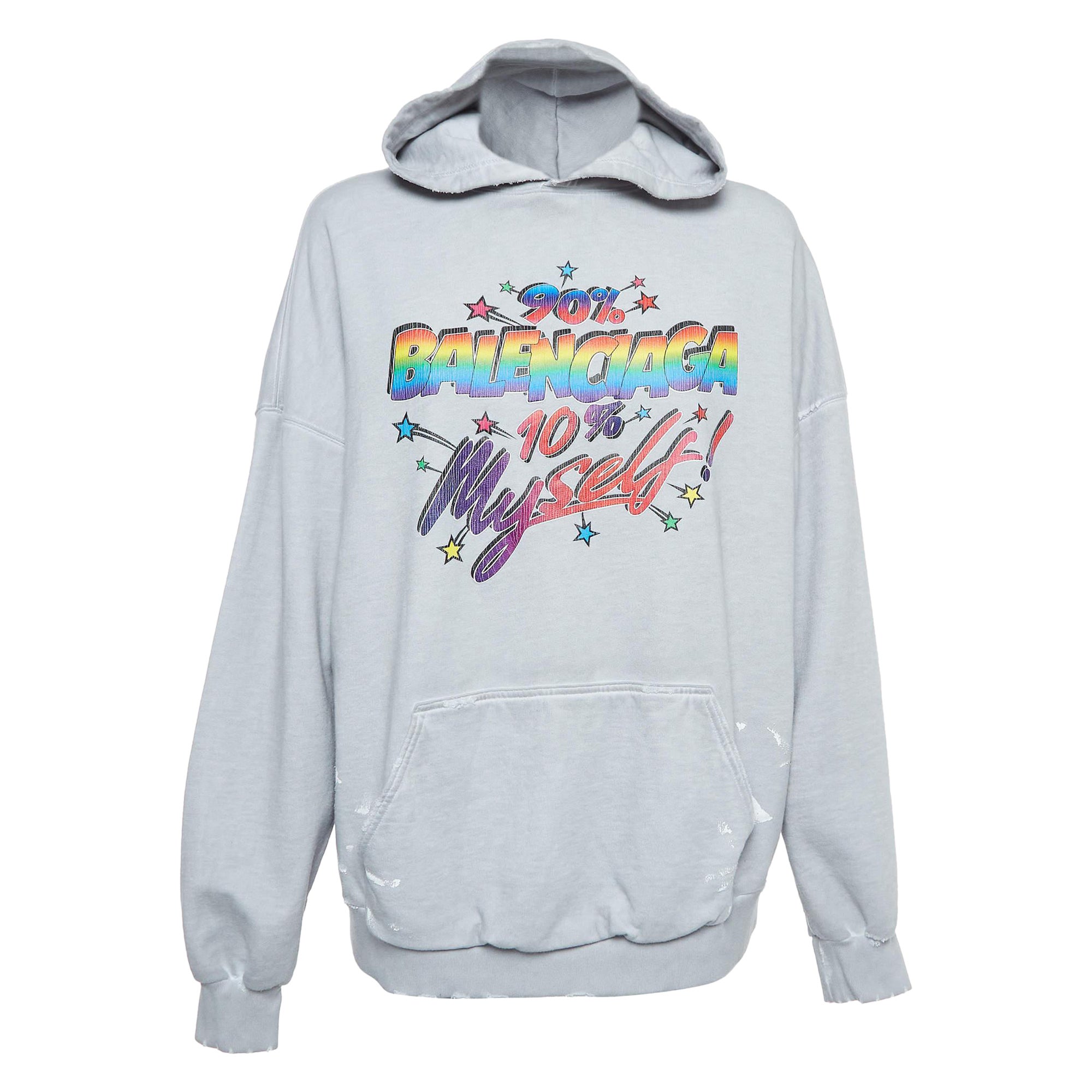 Balenciaga Grey Distressed Cotton Graphic Print Hoodie S For Sale