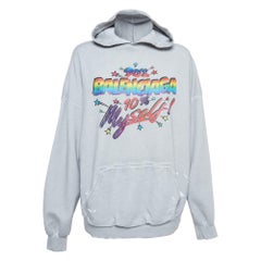 Balenciaga - Felpa con cappuccio in cotone grigio con stampa grafica - S