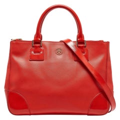 Tory Burch Orange Patent and Leather Large Robinson Double Zip Tote