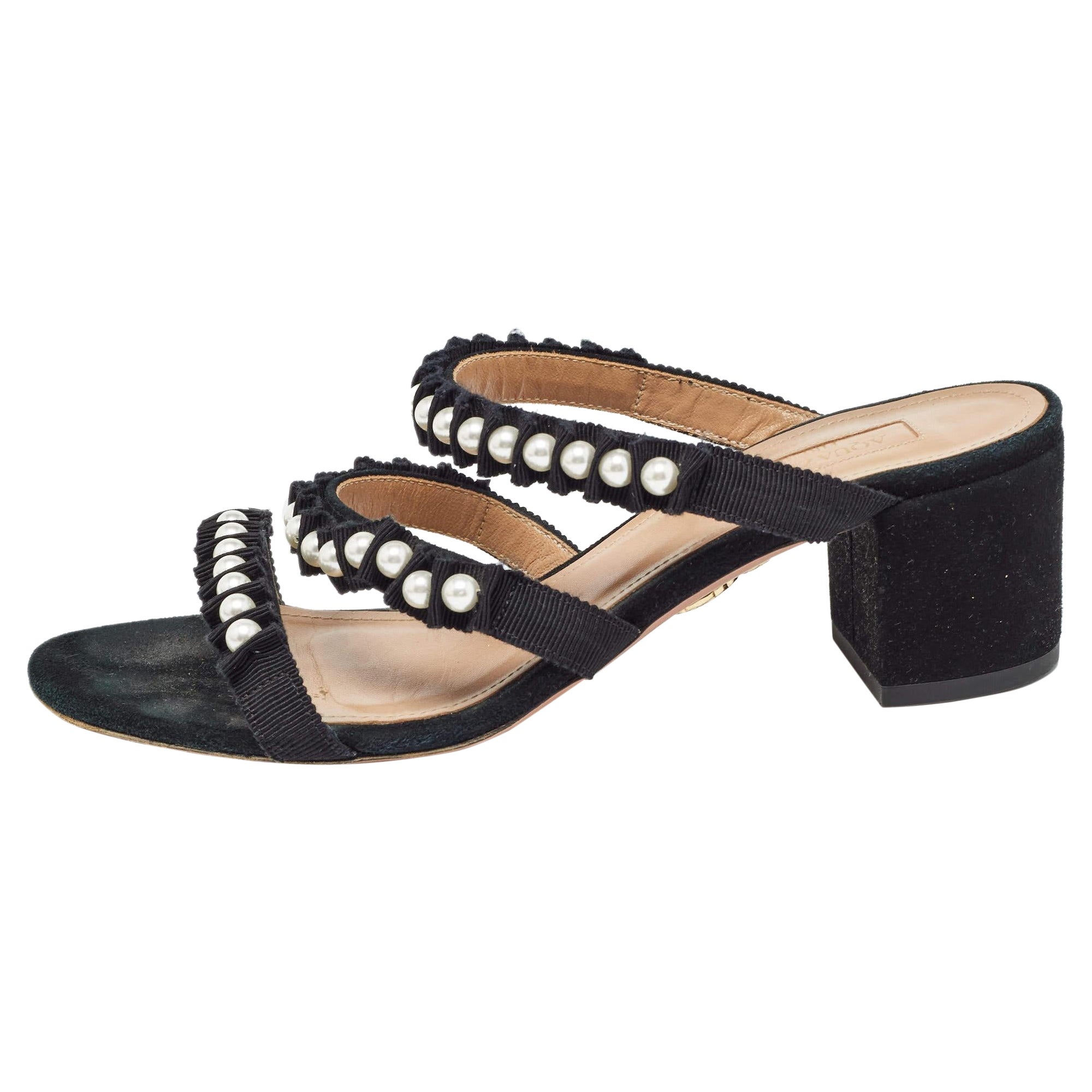 Aquazzura - Sandales en daim noir et toile Love Story Slide - Taille 37,5