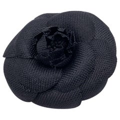 Chanel Vintage Black Tweed Look Camelia Camellia Brooch