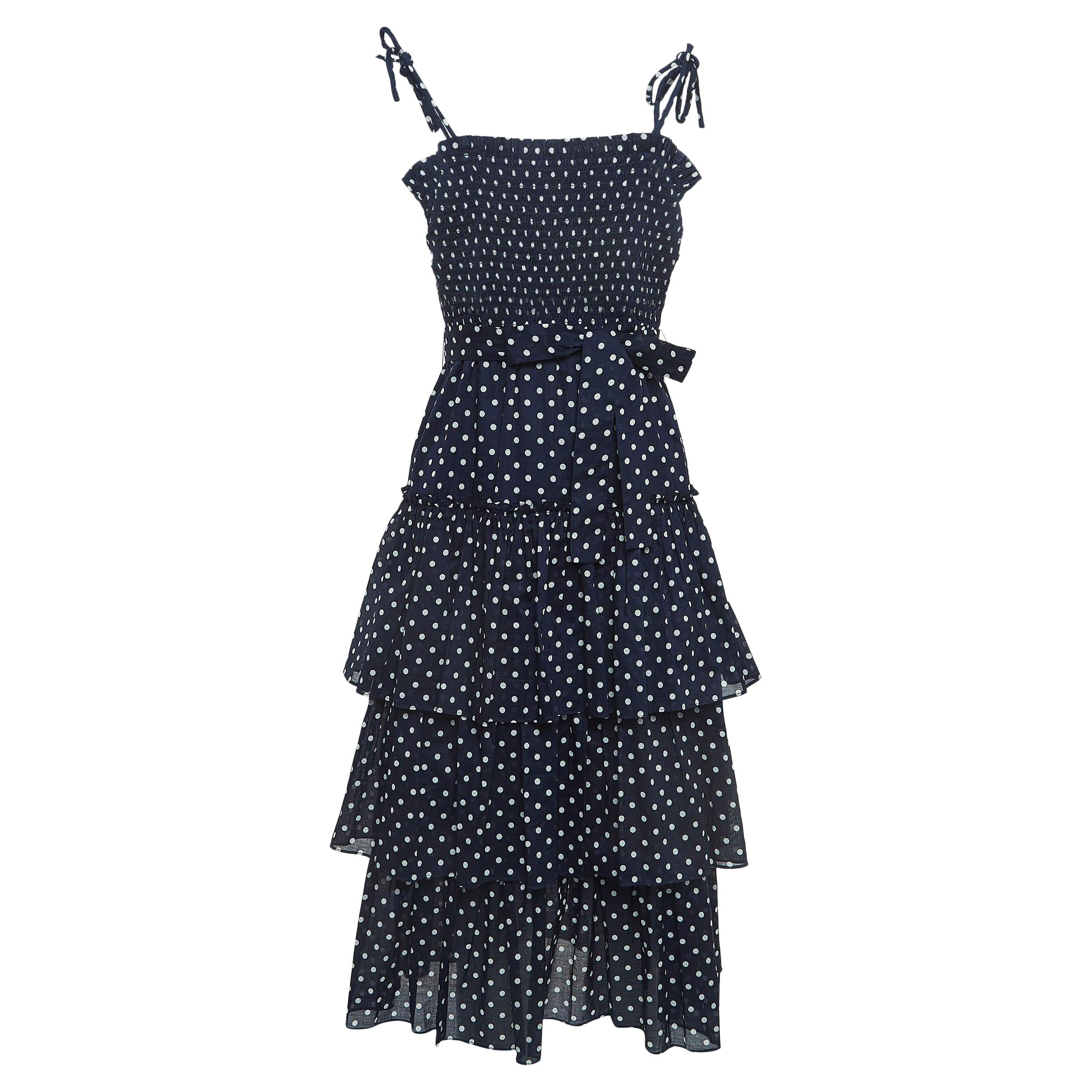 Tory Burch Navy Blue Polka-Dot Print Cotton Tiered Dress XS For Sale