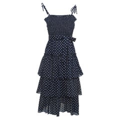 Tory Burch Navy Blue Polka-Dot Print Cotton Tiered Dress XS
