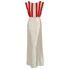1930's Elegant Ivory & Red Silk-Satin Backless Deco Ruffle-Bib Fishtail Gown