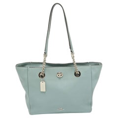 Coach Light Blue Leather Turnlock Chain Tote