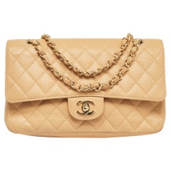 Chanel Bolso Doble Solapa Clásico Mediano Piel Caviar Beige