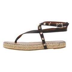 Valentino Black Leather Rockstud Ankle Strap Espadrille Thong Flats Size 37