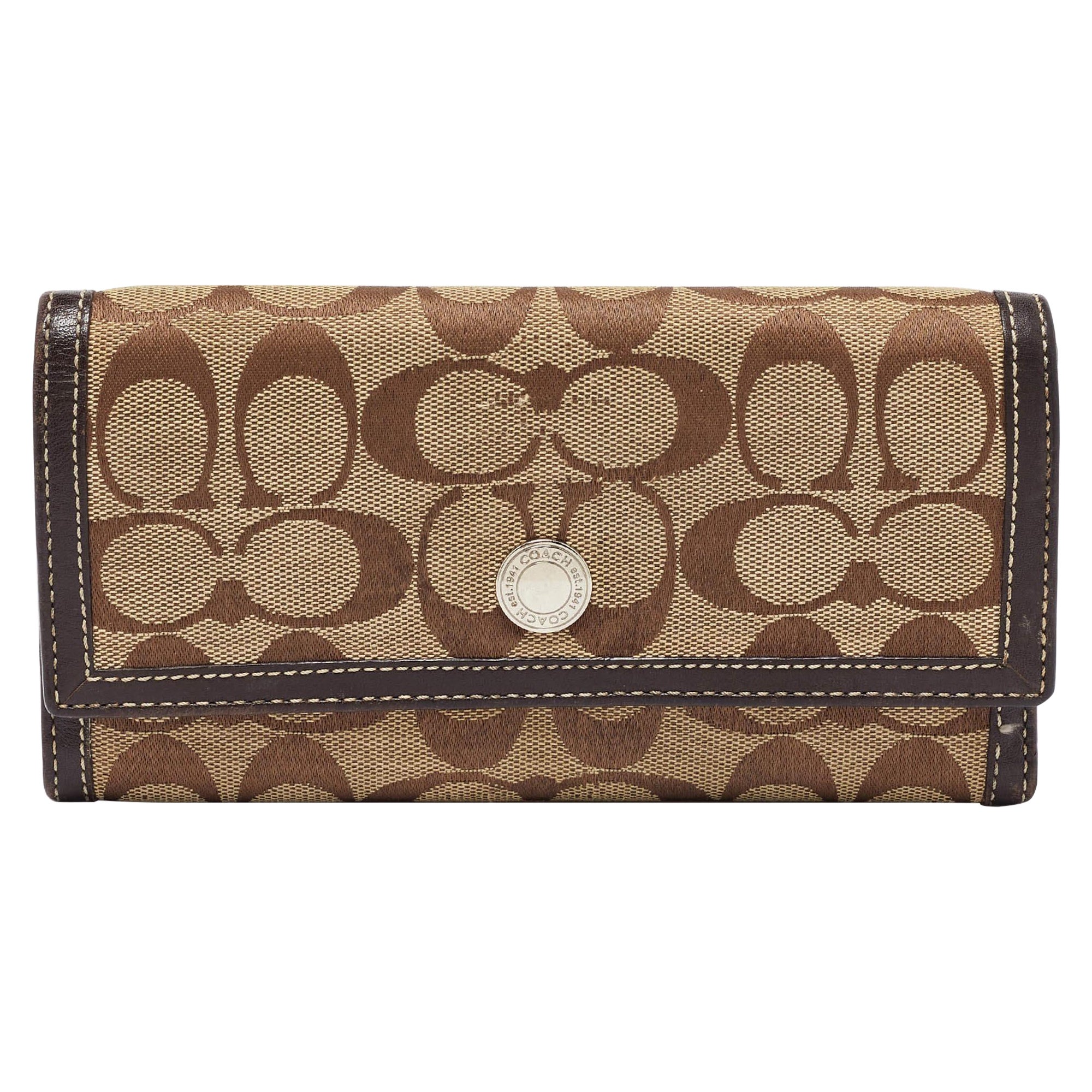 Coach Beige/Brown Signature Canvas and Leather Continental Wallet For Sale