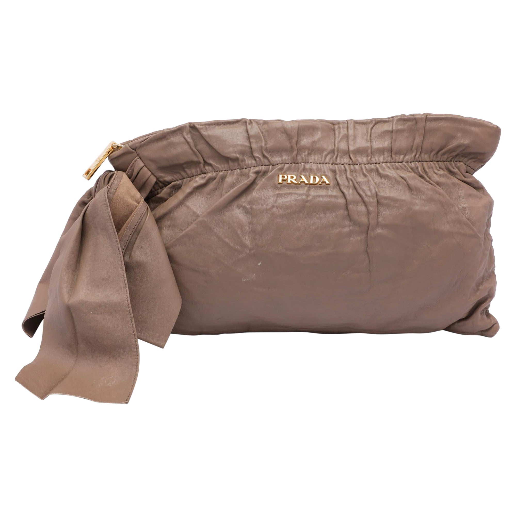 Prada Beige Leather Bow Clutch For Sale