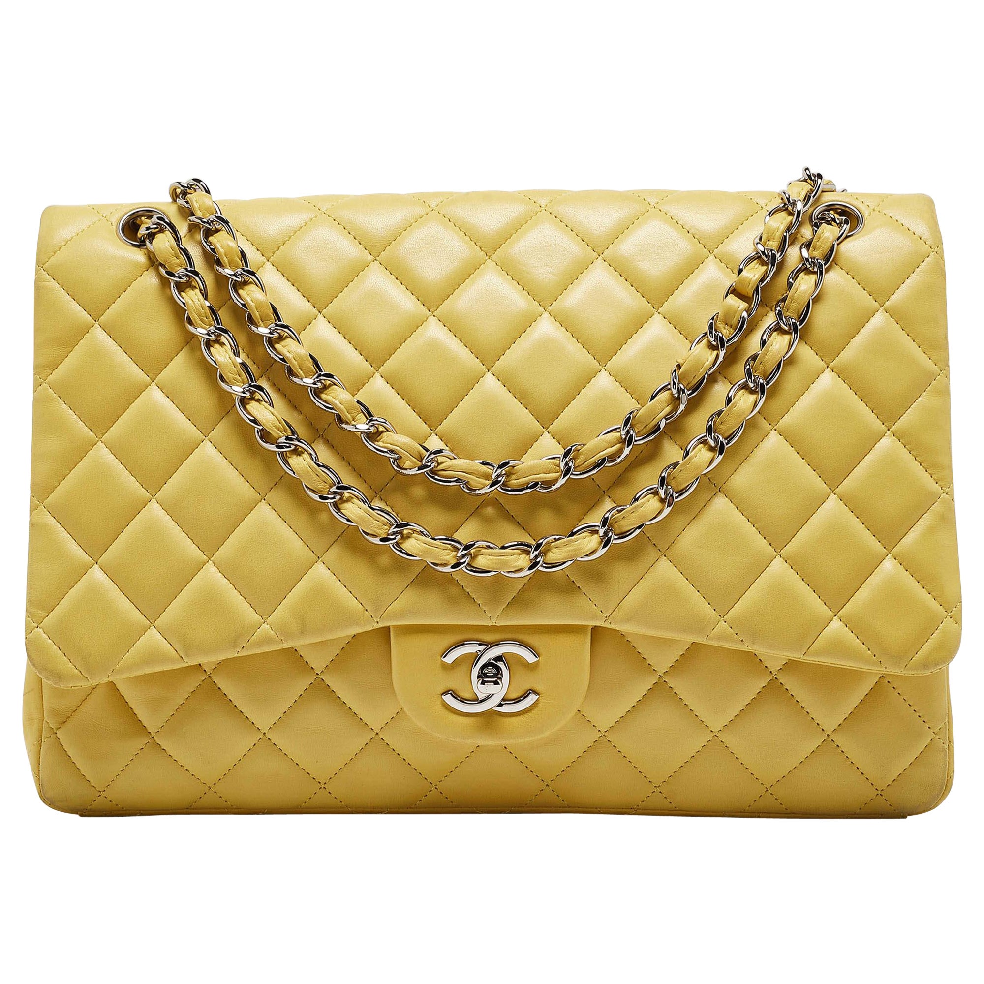 Bolso Chanel Amarillo Acolchado Piel Maxi Classic Solapa Simple