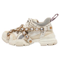 Gucci Cream Leather and Suede Flashtrek Lace Up Sneakers Size 37.5