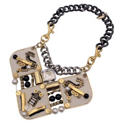 3.1 Phillip Lim Beige Leather Gold Metal Collar Statement Necklace