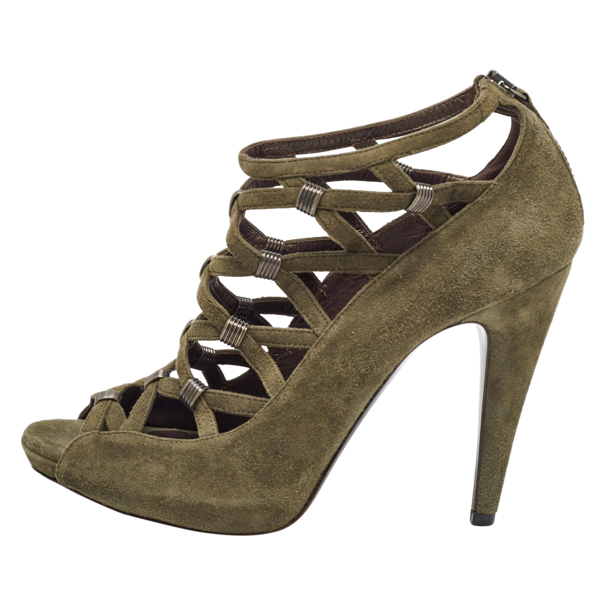 Roberto Cavalli Green Suede Strappy Pumps Size 38.5 For Sale