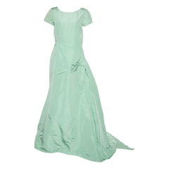 Oscar de la Renta Green Silk Pleat Detail Draped Gown L