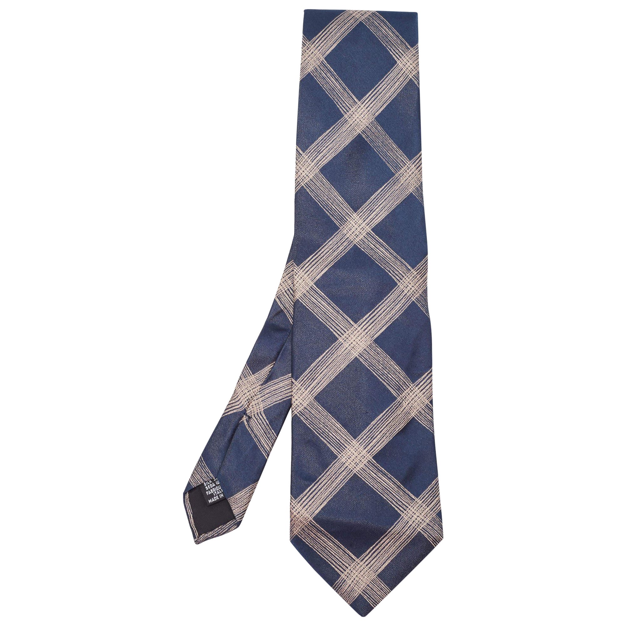 Boss By Hugo Boss Navy Blue Checked Silk Satin Tie