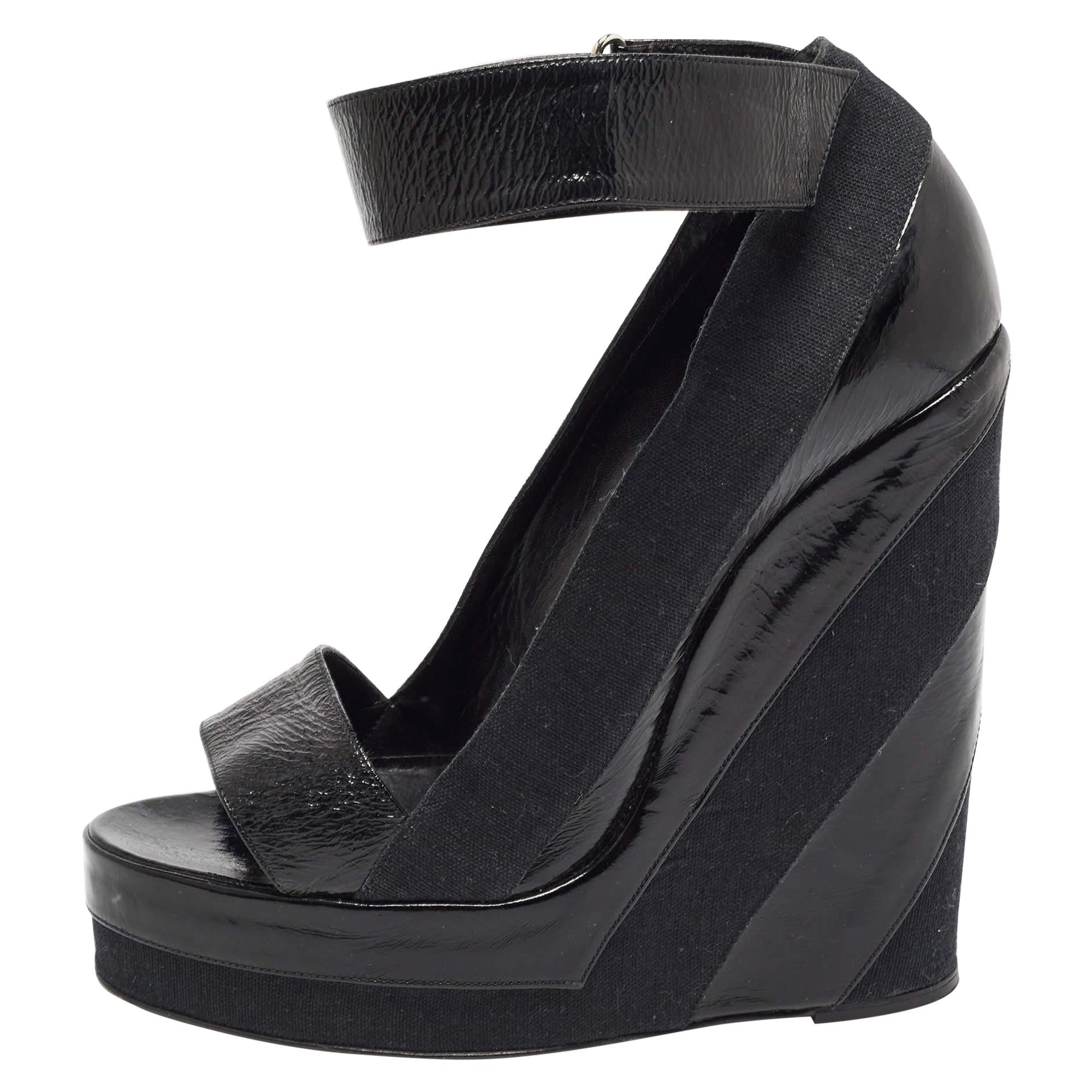 Pierre Hardy Black Leather and Canvas Ankle Strap Wedge Pumps Size 40 For Sale