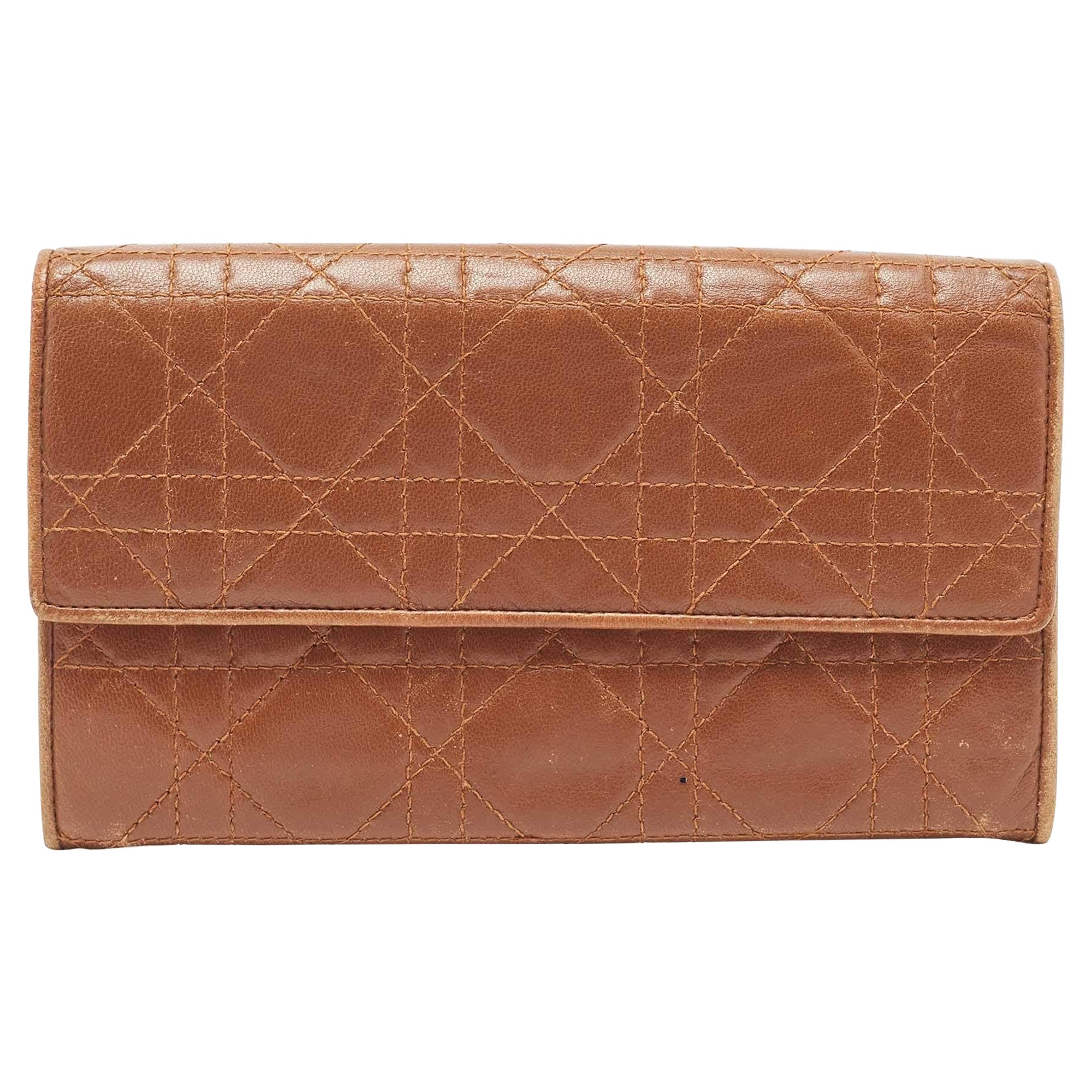 Cartera Continental con Doble Solapa de Piel Cannage Marrón Dior