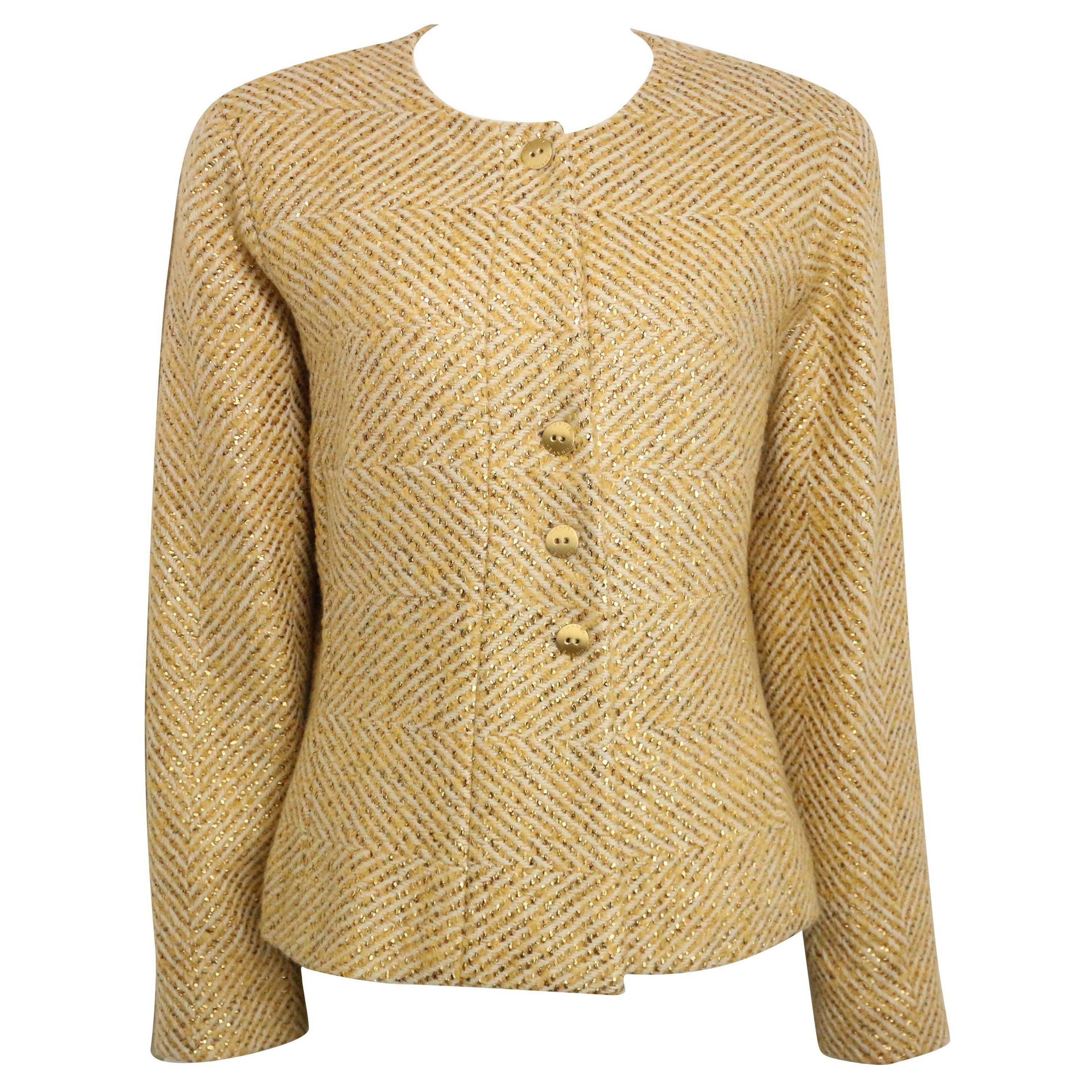 Chanel gold metallic glitter wool tweed jacket For Sale
