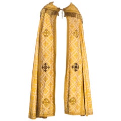 Victorian Gold Silk & Cotton Brocade Long Catholic Cape With Real Fringe Embroi