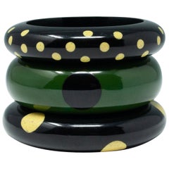 Three Vintage Polkadot Bakelite Bangles in Black, Cream and Green