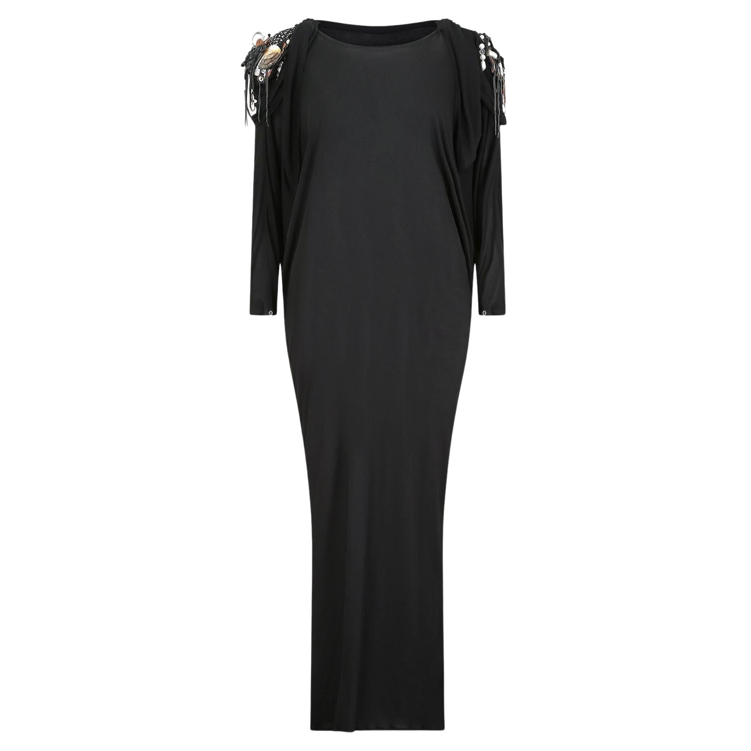 Robe battante en jersey de soie noire avec applique en cuir des années 1980