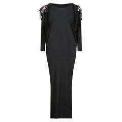 1980s Black Silk Jersey Batwing Dress with Leather Applique