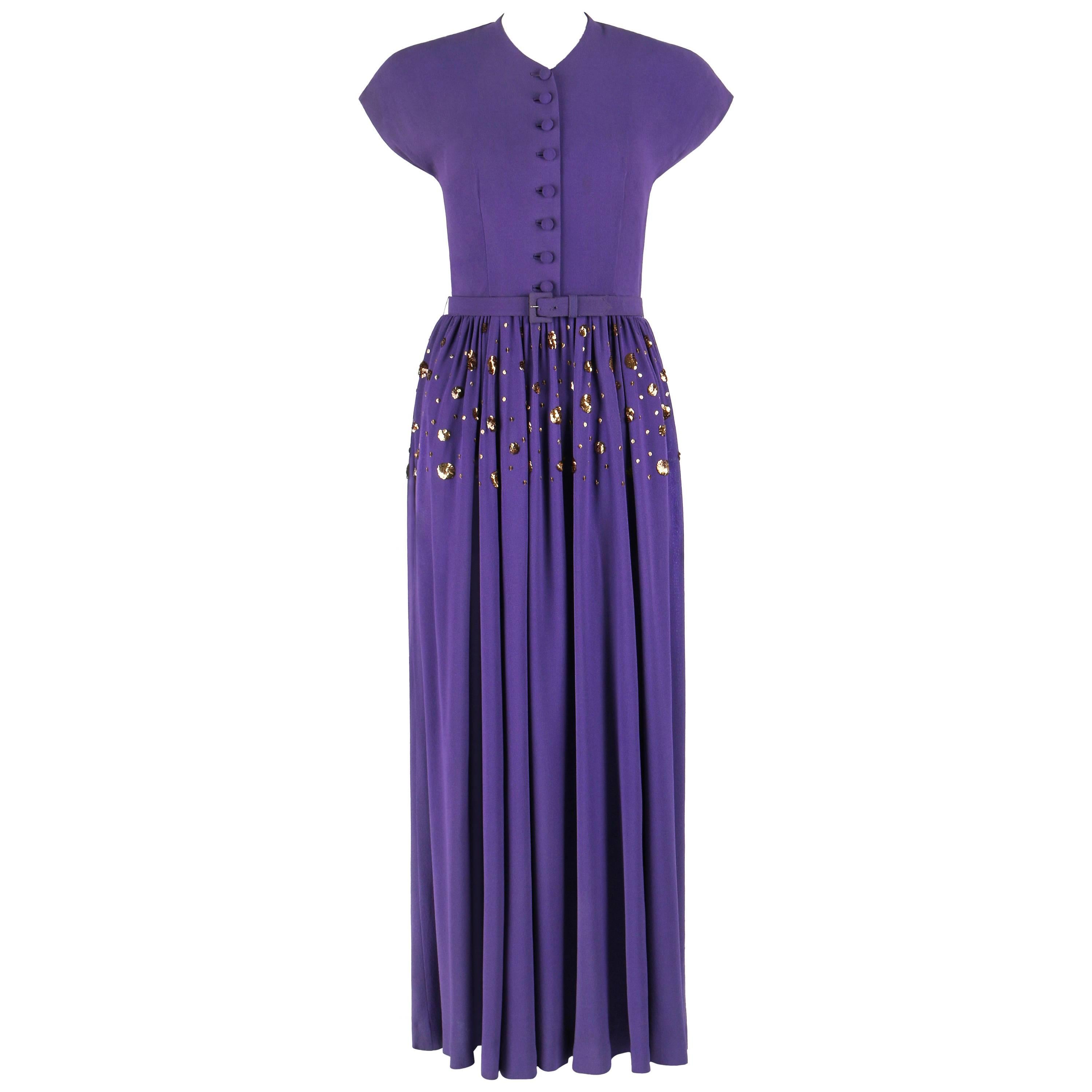 COUTURE c.1940's Purple Gold Belted Sequin Embellished Evening Dress Gown For Sale