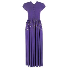 COUTURE c.1940's Purple Gold Belted Sequin Embellished Evening Dress Gown