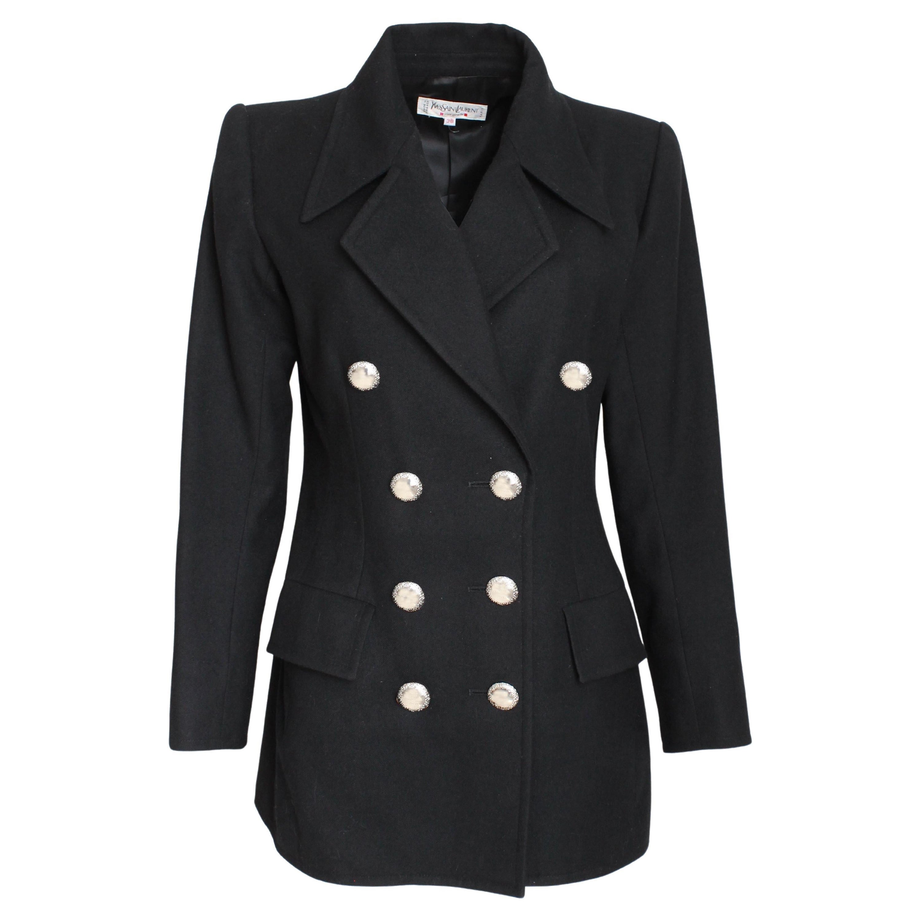 Yves Saint Laurent Jacket Black Wool Double Breasted Pea Coat Style Vintage 90s For Sale