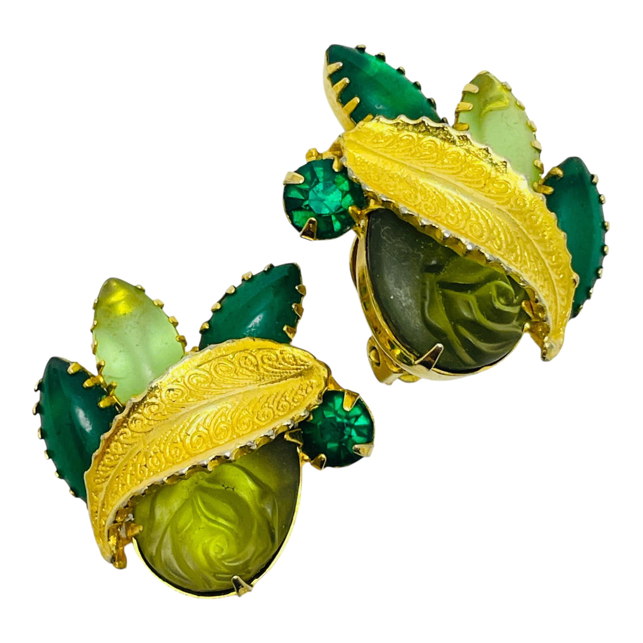Boucles d'oreilles à clip vintage en verre vert et doré