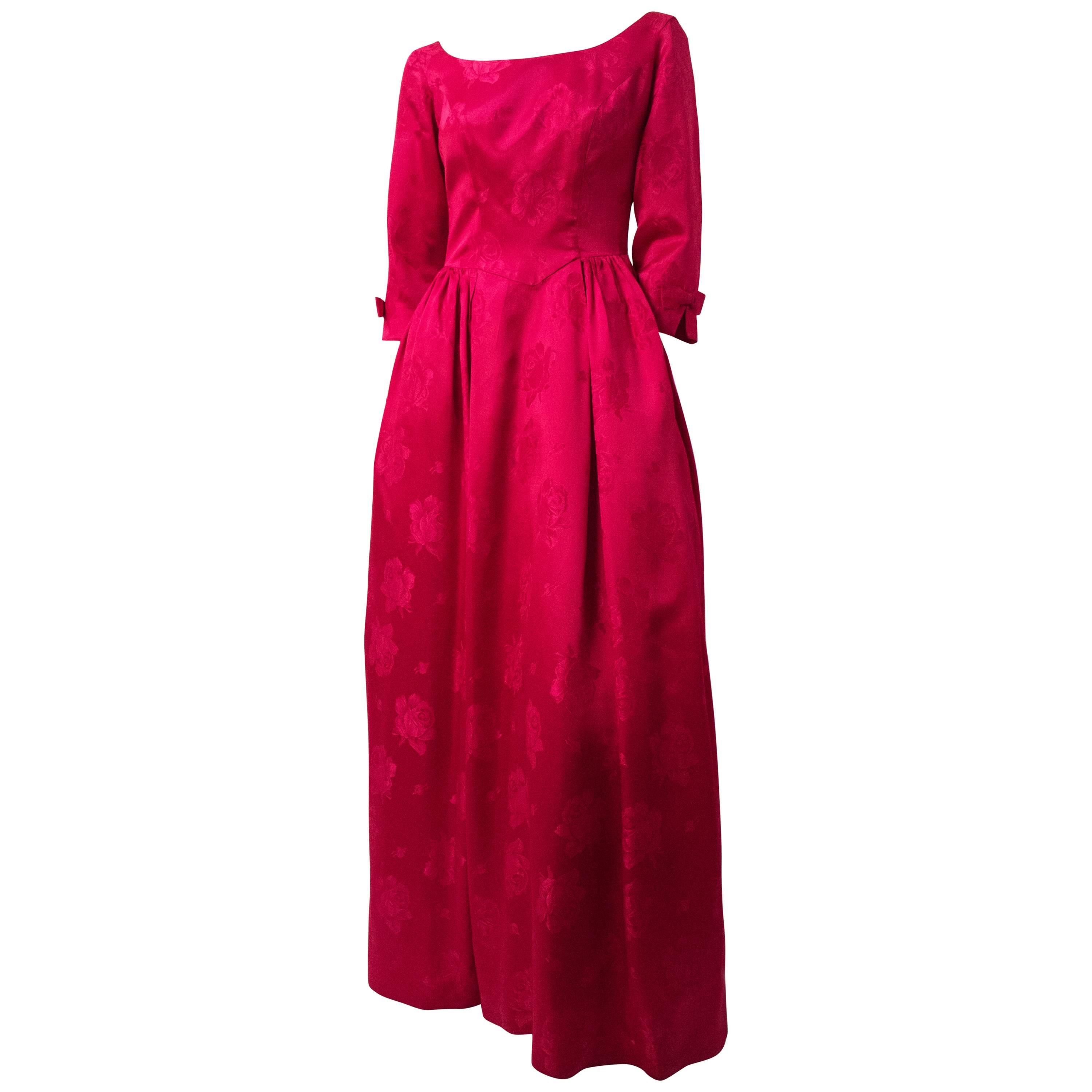50s Magenta Rose Jacquard Gown For Sale