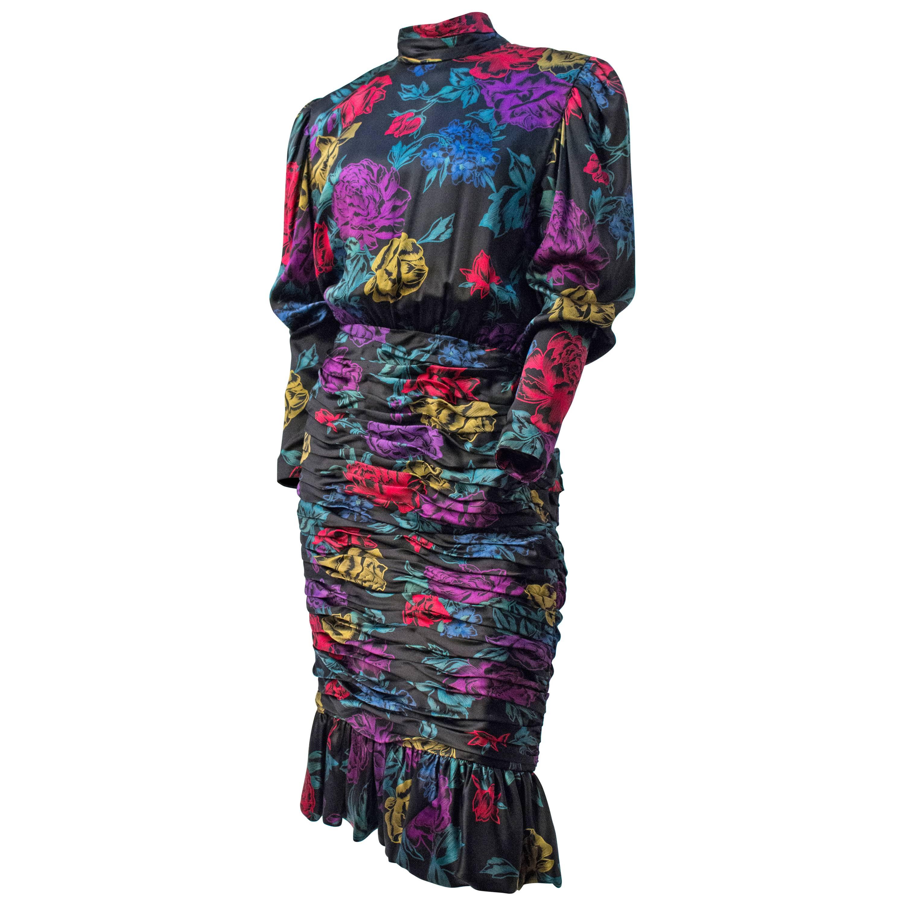 80s Albert Nipon Black Printed Satin Floral Dress For Sale