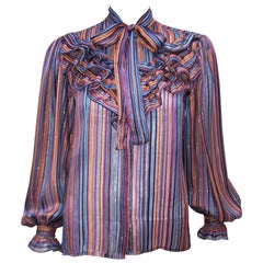 Glam 1970's John Yang for Jack Mulqueen Sheer Striped Silk Blouse