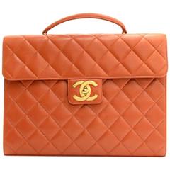 Chanel Dark Orange Quilted Leather Document Briefcase Hand Bag