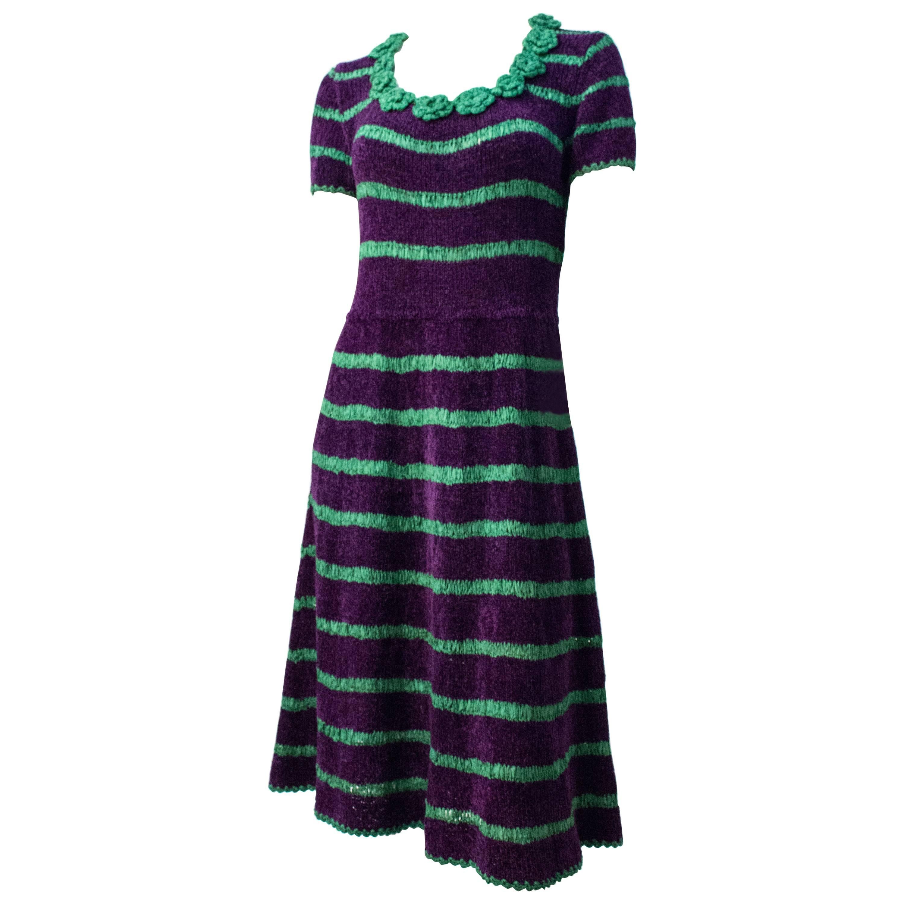 40s Green and Purple Stripe Chenille Yarn and Ribbonwork Dress For Sale